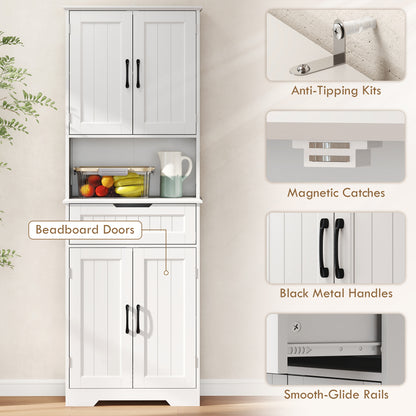 Tall Kitchen Pantry Cupboard | White MDF | 60x30x172cm | 2 Cabinets Adjustable Shelves | Open Counter Cable Hole | Drawer | Anti-Tip | Anti-Slip Feet | 45kg | Freestanding
