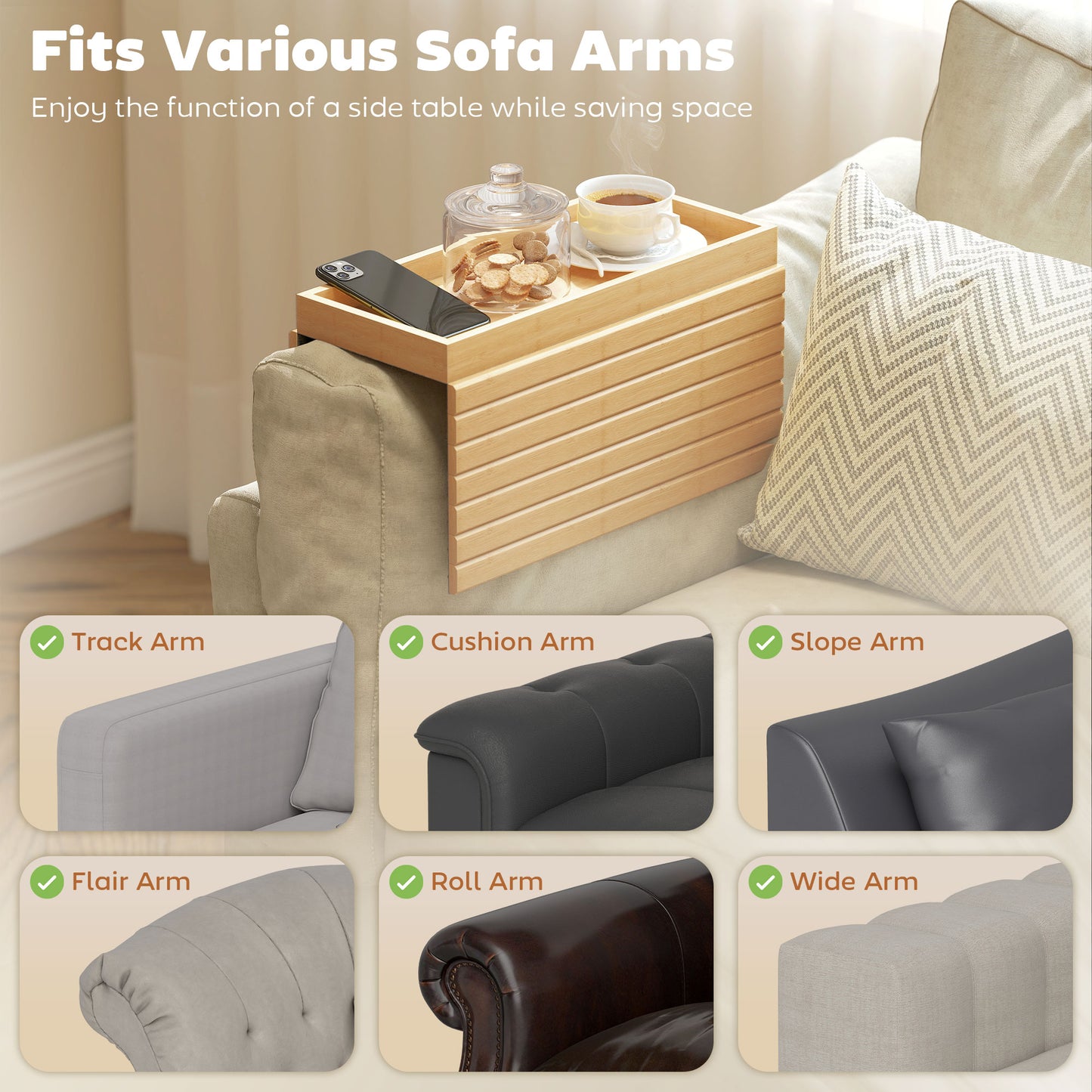 Bamboo Sofa Arm Tray | Foldable | 2cm Recessed Anti-Slip Tray | Drinks & Snacks | No Assembly | Natural Wood Finish