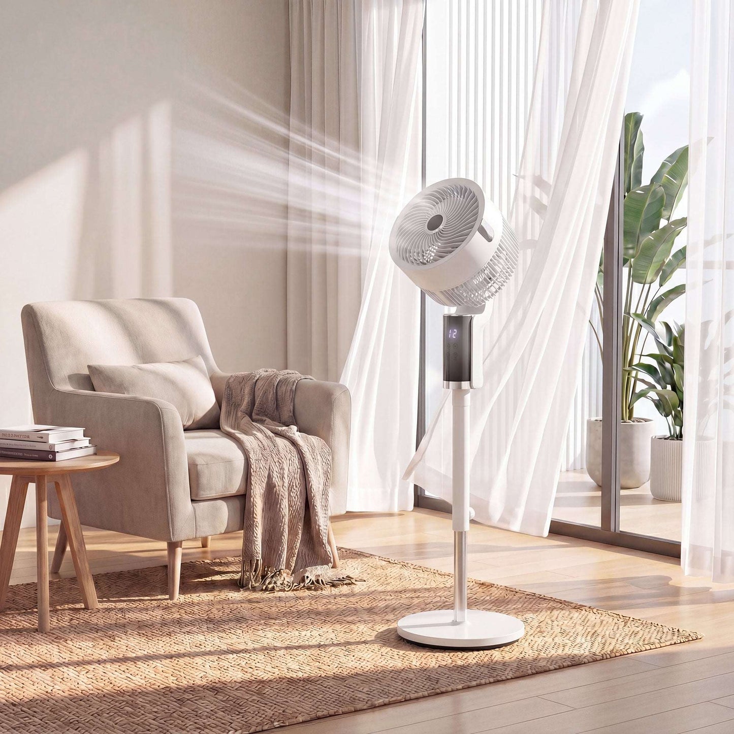 Pedestal Standing Fan | 20dB Sleep Mode | 8 Speeds | 9.5m³/min Airflow | 3D Oscillation | Aromatherapy Pad | Blue Mood Light | Detachable Grill | 5m Remote | 12H Timer | 50W | 110cm | White