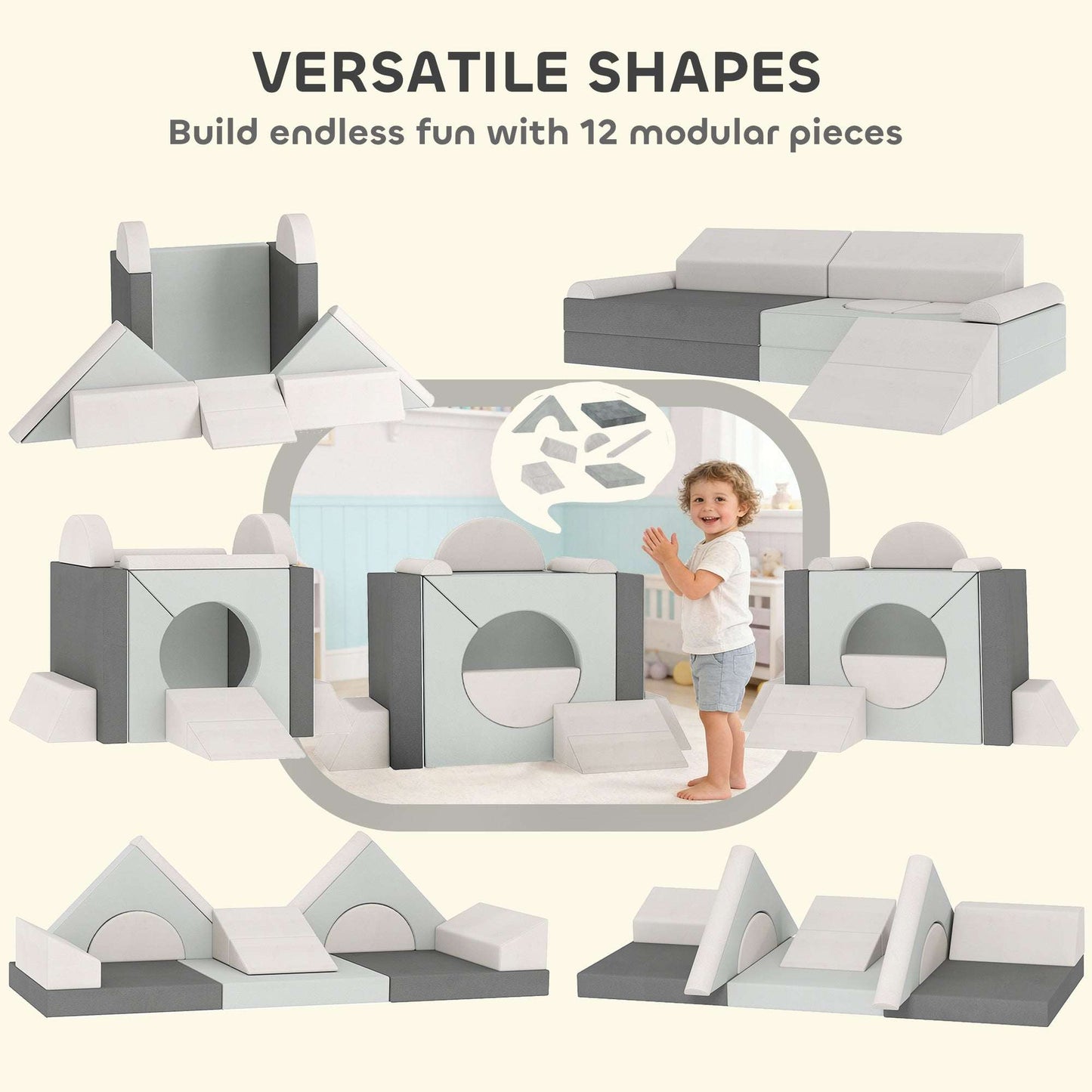 AIYAPLAY Kids Play Sofa, 12 Pieces Foam Modular Soft Play Set for Playroom, Children Convertible Sofa for Boys and Girls, Grey