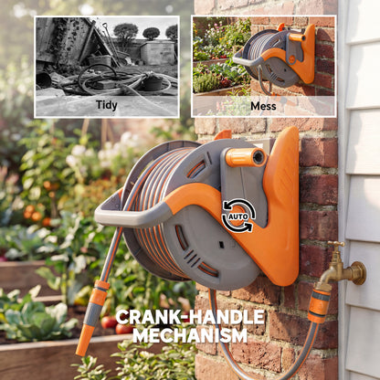 2-in-1 Portable & Wall Mounted Garden Hose Reel | 20+2m | Crank Handle | 2-Pattern Spray Nozzle | Rust-Proof PVC & PP | 8 Bar | 3/4" & 1/2" BSP Adaptor | 40x28x32cm | Orange