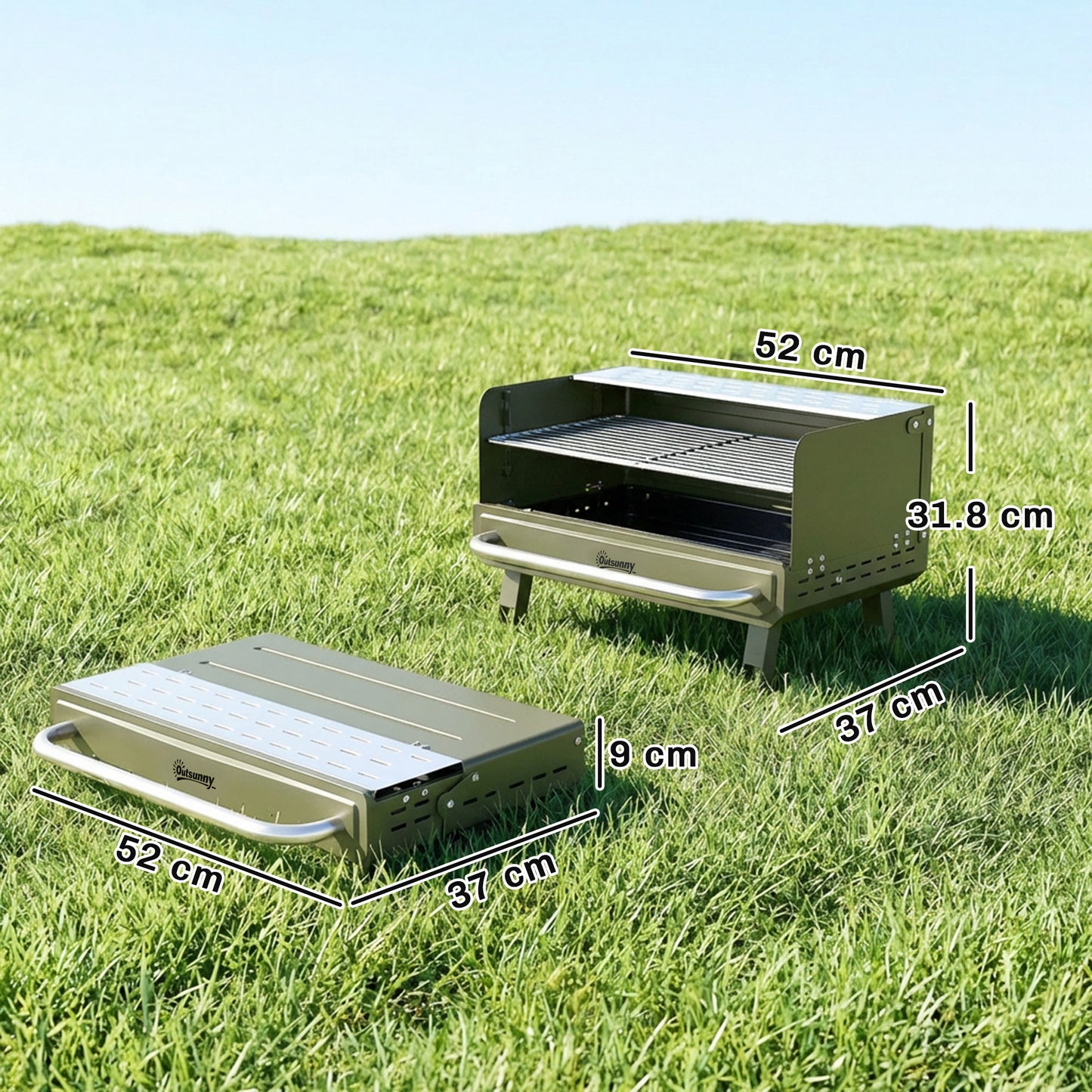 Portable Charcoal BBQ Grill | 3 Adjustable Grate Heights | 304 Stainless Steel | Foldable Legs | Side Shelf | No Assembly | 52x37x31.8cm | Green