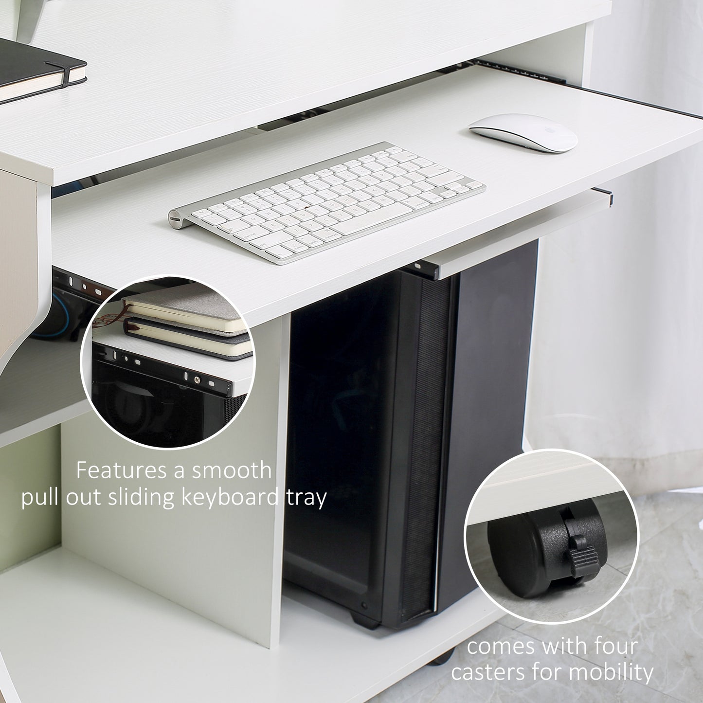 Multi-Storage Compact Work Desk, with Wheels - White