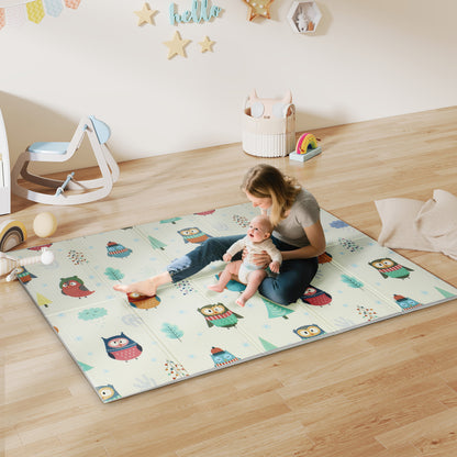 AIYAPLAY Foldable Baby Plat Mat Double Sided, Kids Floor Mat for Crawling, 195.5L x 147.5W cm, Car track and Owl Theme