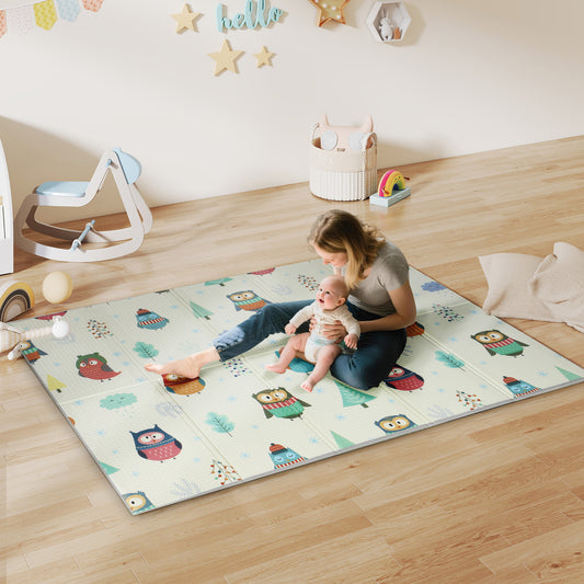 AIYAPLAY Foldable Baby Plat Mat Double Sided, Kids Floor Mat for Crawling, 195.5L x 147.5W cm, Car track and Owl Theme