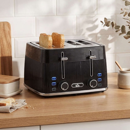 4-Slice Toaster | Dual Independent Controls | 7 Browning Settings | Defrost Reheat Cancel | Auto-Centering Guides | 2 Removable Crumb Trays | 1560-1860W | 29.3x27.3x18.9cm | Black