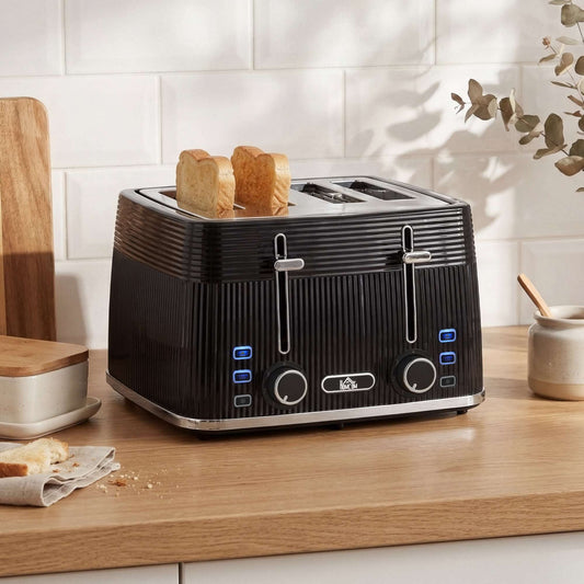 4-Slice Toaster | Dual Independent Controls | 7 Browning Settings | Defrost Reheat Cancel | Auto-Centering Guides | 2 Removable Crumb Trays | 1560-1860W | 29.3x27.3x18.9cm | Black