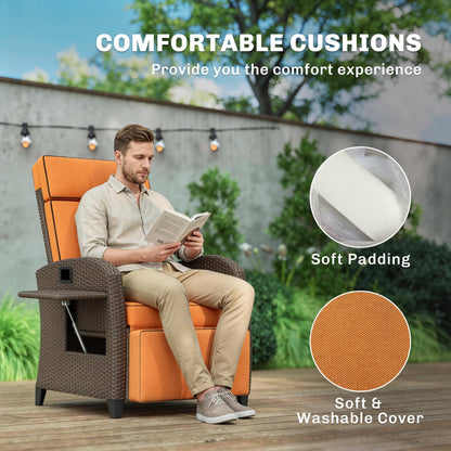 Rattan Outdoor Recliner Chair | 140° Adjustable Back | Lift-Up Footrest | Flip-Up Side Tray | Full Cushion Seat Back Headrest & Footrest | Powder-Coated Steel | 160kg | 65x78x102cm | Orange