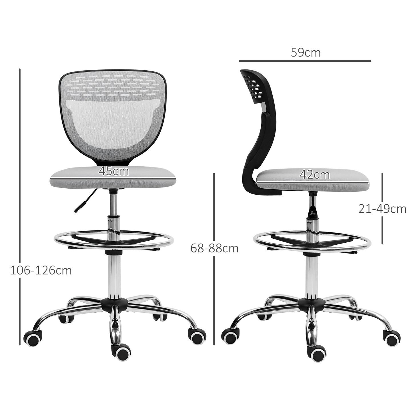 Draughtsman Chair for Tall Desks | Armless | Mesh Back | Padded Seat | Adjustable Foot Ring | 106-126cm Height | 110kg | Light Grey