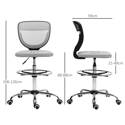 Draughtsman Chair for Tall Desks | Armless | Mesh Back | Padded Seat | Adjustable Foot Ring | 106-126cm Height | 110kg | Light Grey
