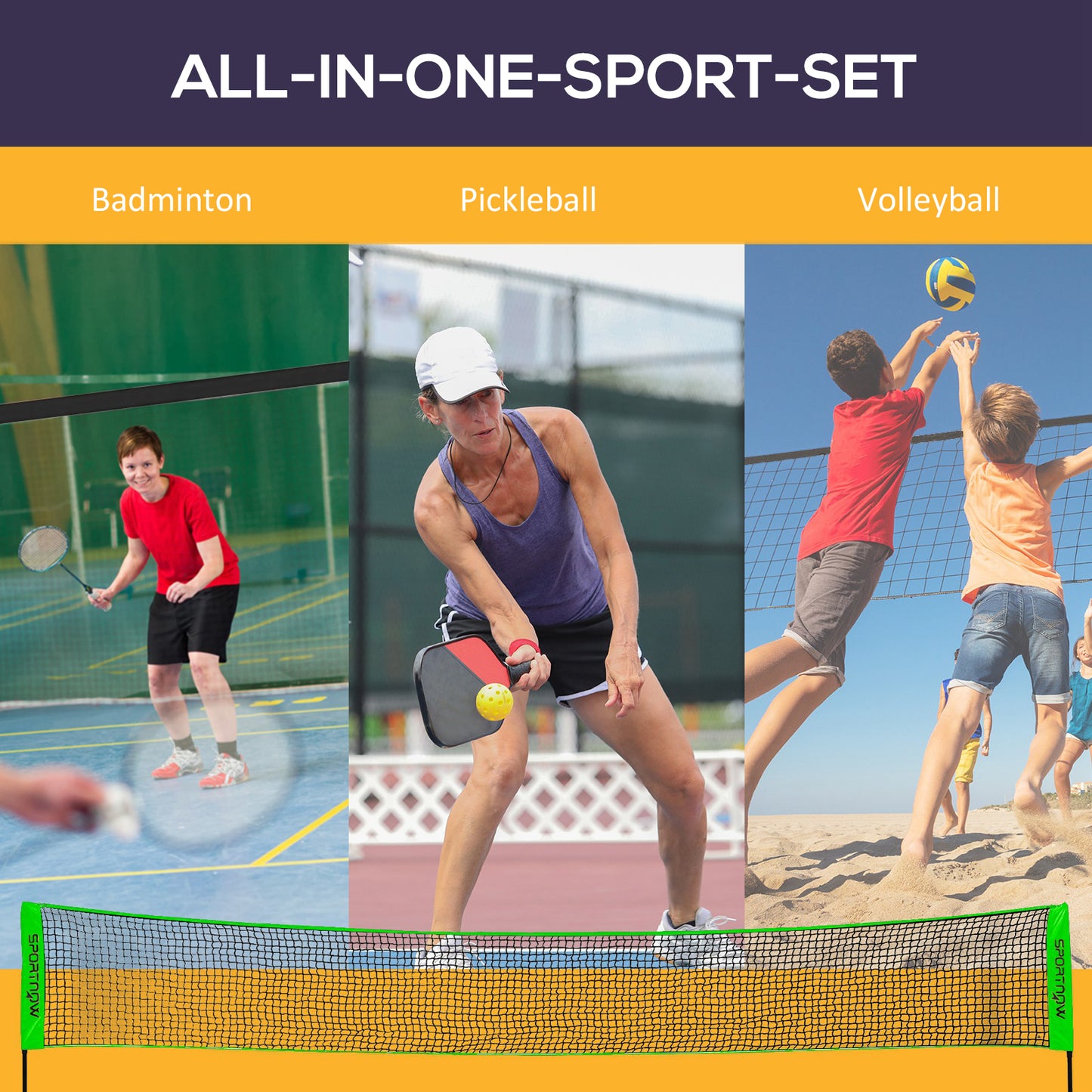 Portable Badminton Set, Multi-Sports Badminton Net for Pickleball Volleyball W/ 3 Shuttlecocks, 4 Rackets, for Indoor Outdoor, Garden, Beach