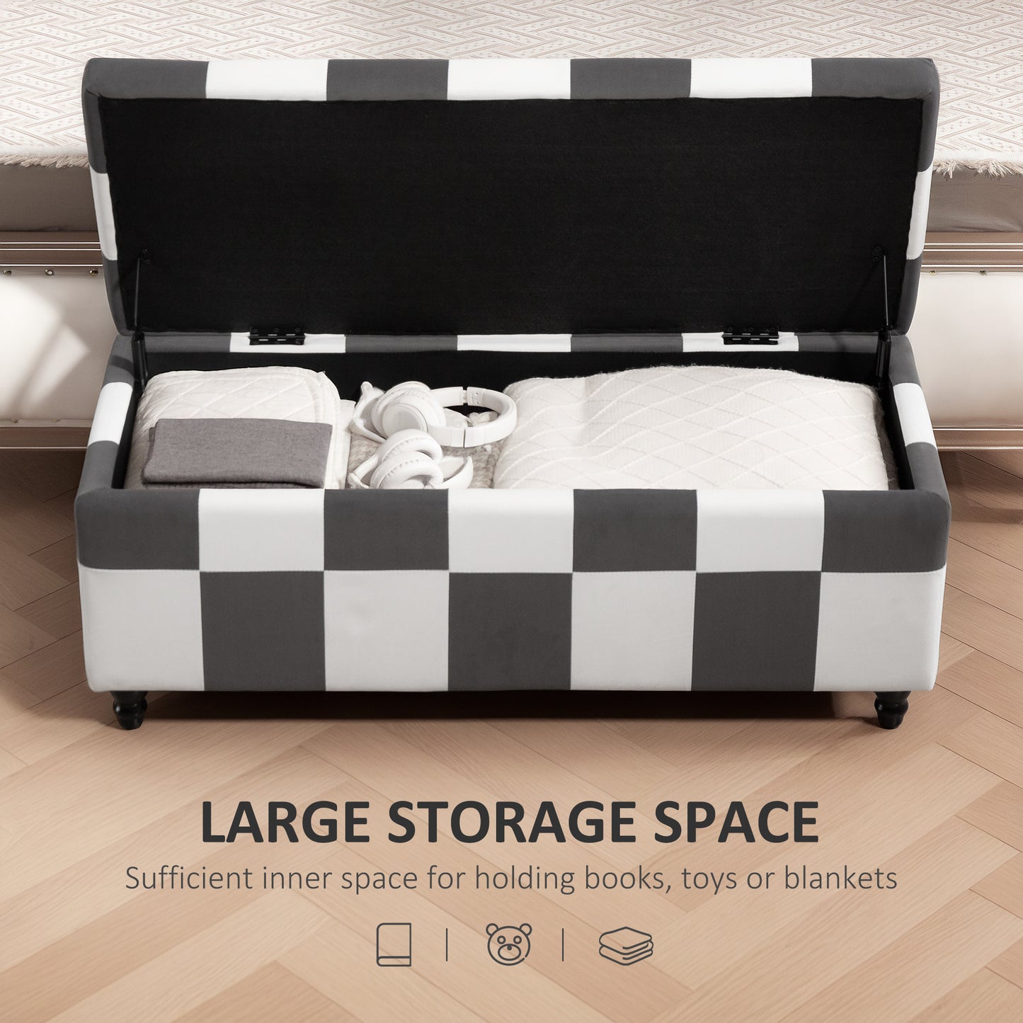 114 x 47 x 47cm Velvet Storage Ottoman, Button-tufted Footstool Box, Toy Chest with Lid for Living Room, Bedroom, Dark Grey and White