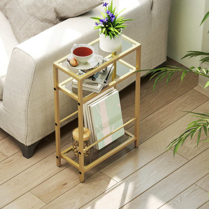 3-Tier Side Table, Narrow End Table with Storage Shelf and Tempered Glass Tabletop for Small Spaces, Bedroom, Living Room, Entryway