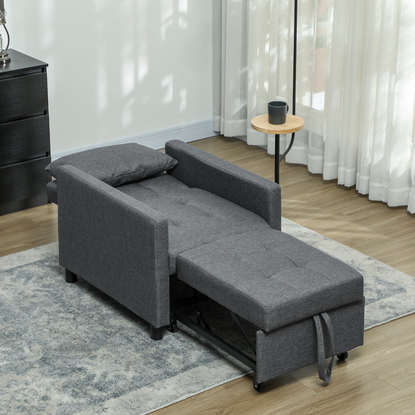 3-In-1 Chair Bed, Convertible Sleeper Chair with Adjustable Backrest, Pillow and Footrest for Living Room, Dark Grey