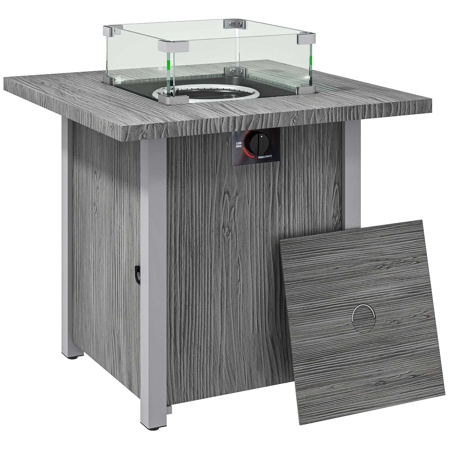 Outsunny 71cm 50,000 BTU Gas Fire Pit Table with Cover and Glass Screen - Dark Grey
