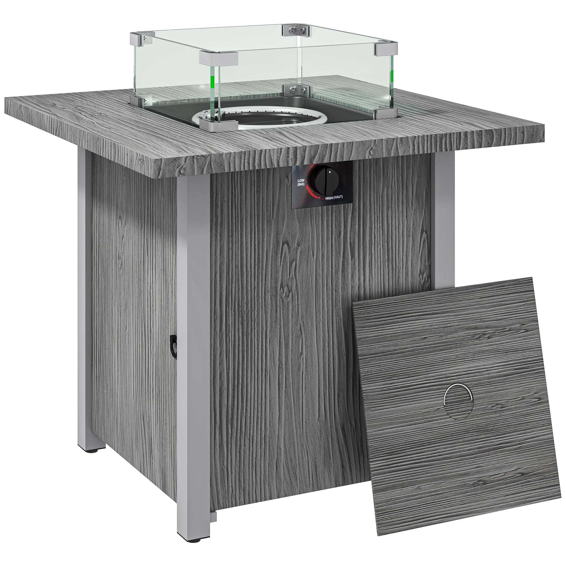 Outsunny 71cm 50,000 BTU Gas Fire Pit Table with Cover and Glass Screen - Dark Grey