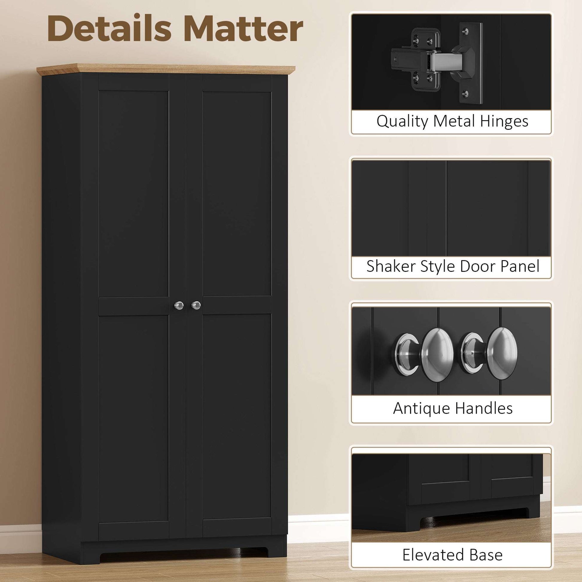 Freestanding Kitchen Cupboard | 172cm | 4 Shelves | 2 Doors | Wall Fixings | 30kg per Tier | MDF | Black