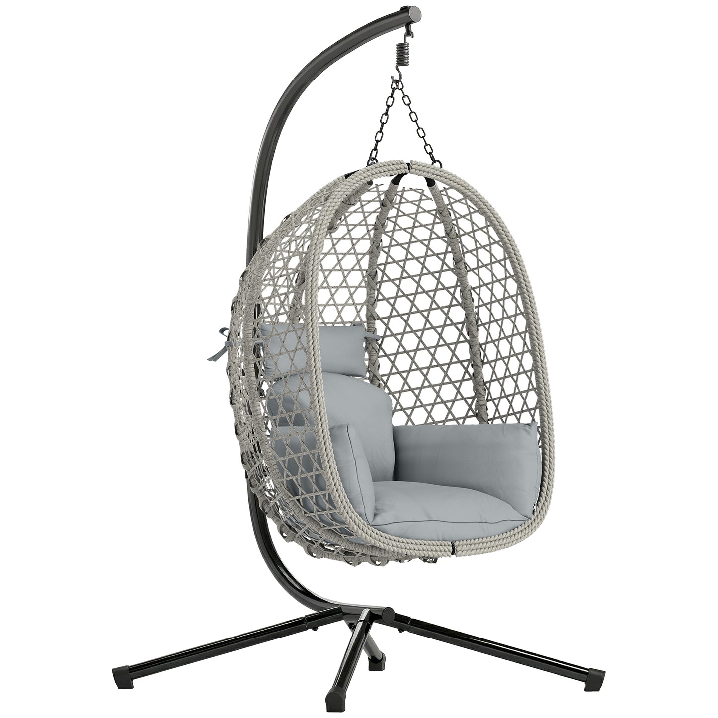 Hanging Egg Chair with Stand | PE Rattan | 15cm Cushion & Headrest | Safety Strap | Foldable Basket | 120kg | Light Grey
