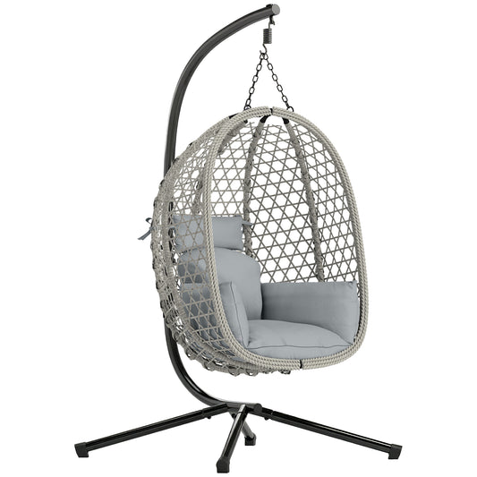 Hanging Egg Chair with Stand | PE Rattan | 15cm Cushion & Headrest | Safety Strap | Foldable Basket | 120kg | Light Grey