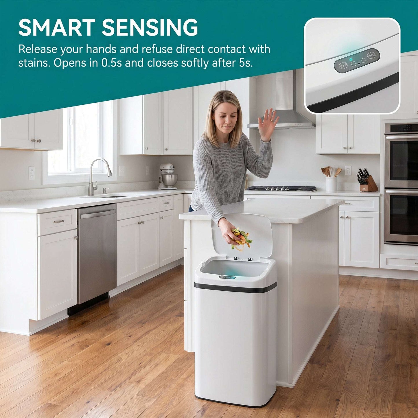 48L Infrared Sensor Bin | Opens in 0.5s | Quiet Close in 4-7s | Fingerprint-Resistant Stainless Steel | No Inner Bucket | 4xAA Batteries | No Assembly | 33x25x69cm | White