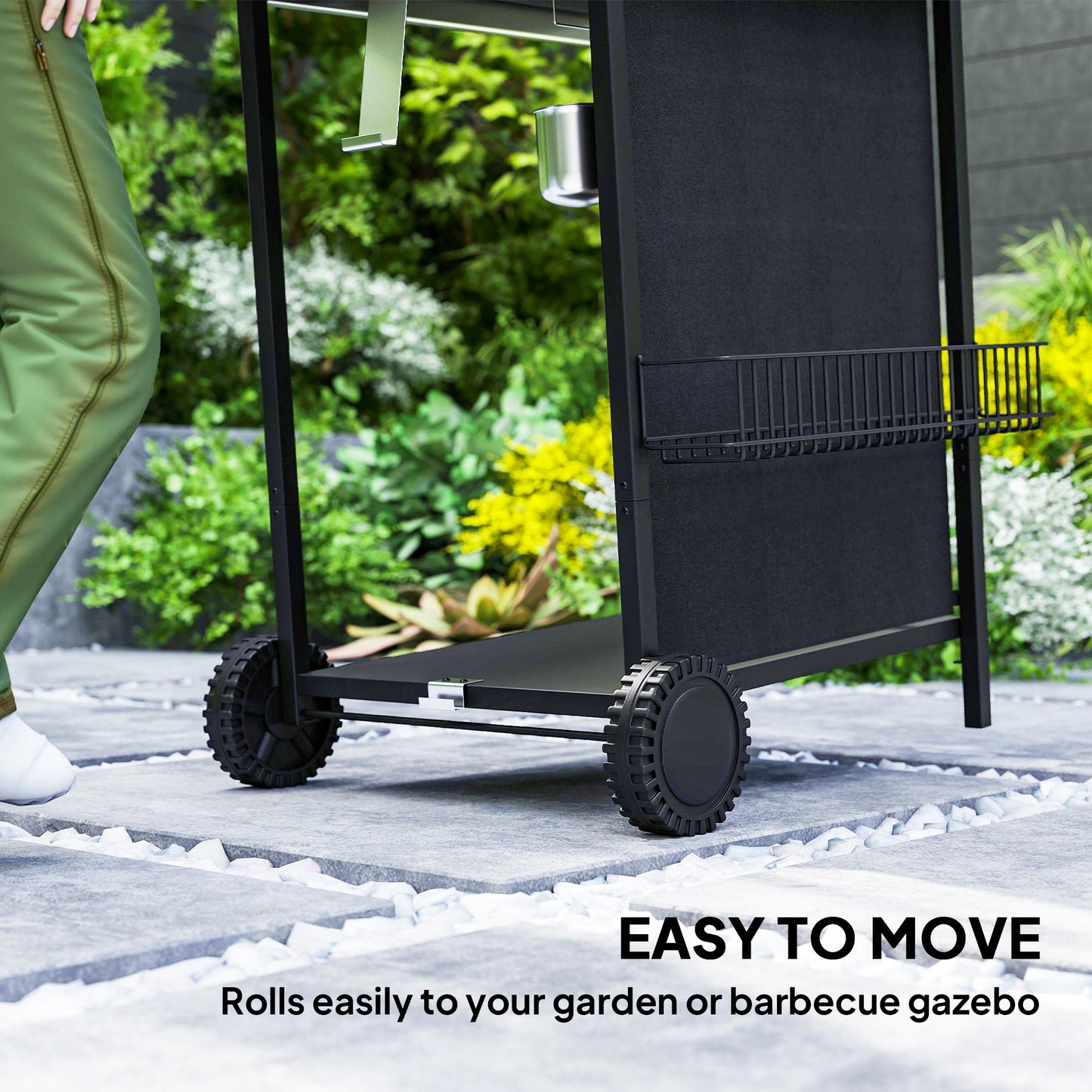 3+1 Burner Gas BBQ Grill, Portable Gas Barbecue Grill with Built-in Thermometer, Lid, Side Table, Shelf, Spice Rack, Wheels, Grease Cup for Garden