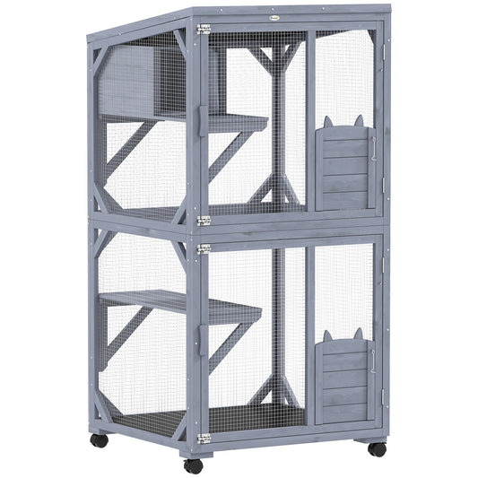 Movable Outdoor & Indoor Catio | 3 Jumping Platforms & Resting Box | Waterproof Asphalt Roof | 4 Swivel Casters 2 Lockable | Fir Wood | 4 Doors | Up to 2 Cats | 80x75.5x162.5cm | Dark Grey