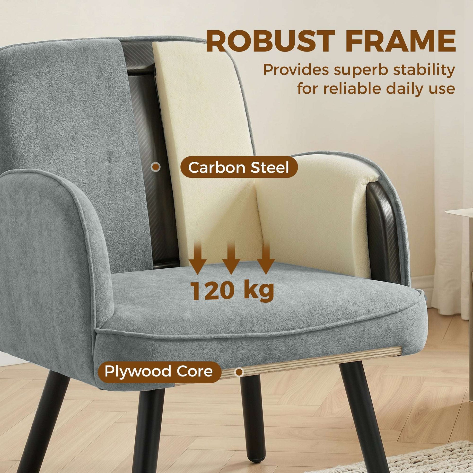 Velvet Upholstered Accent Armchair | 12.5cm Pocket Spring Seat | Carbon Steel Frame | Adjustable Feet | 120kg Capacity | 64x64x79.5cm | Grey