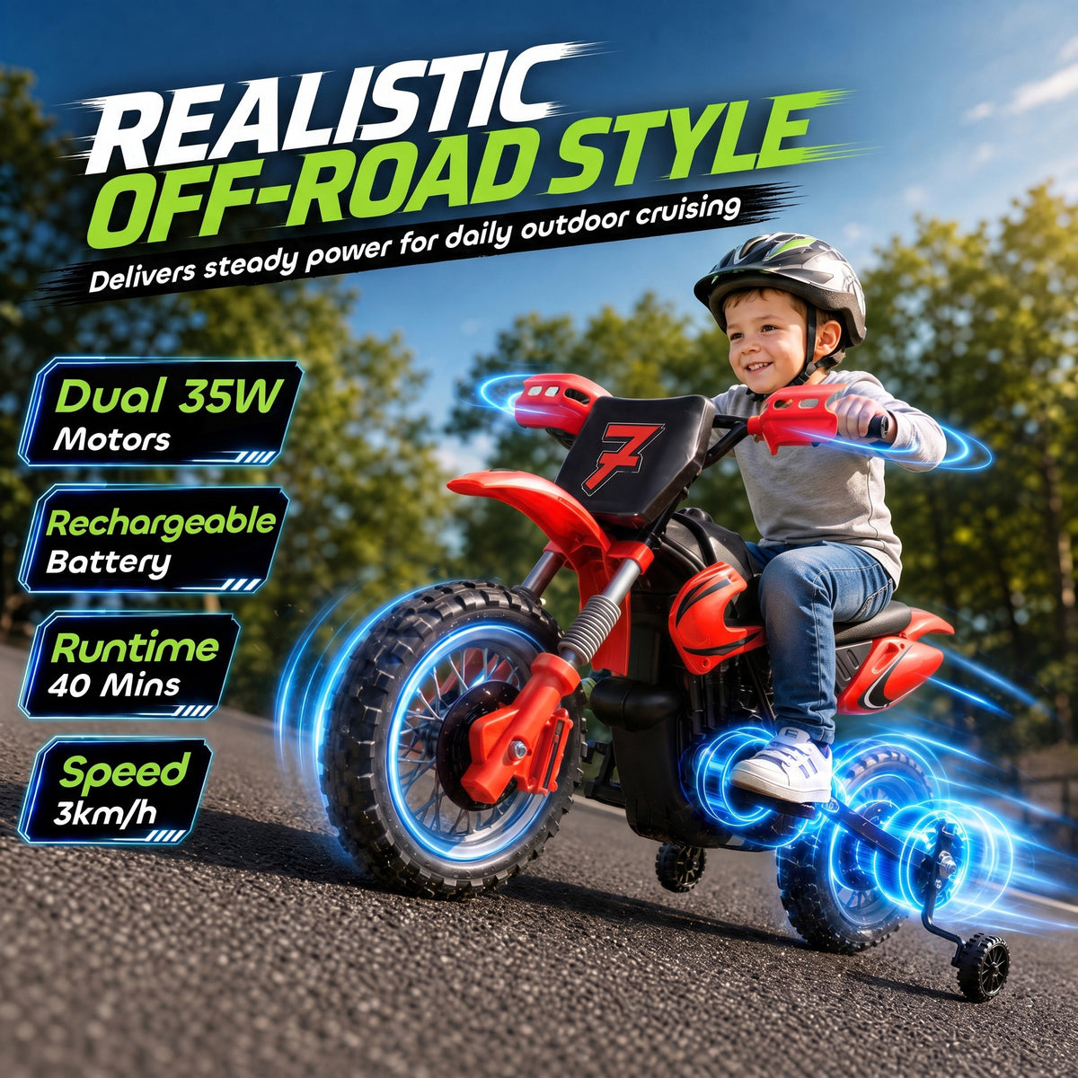 AIYAPLAY 12V Kids Electric Ride-On Motorbike | Red, Orange or Green | Dual 35W Motors, Training Wheels & Rear Suspension | Ages 3–6