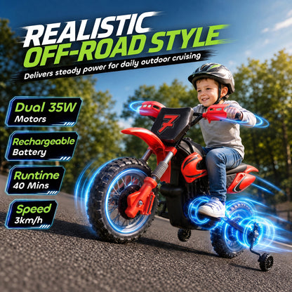 AIYAPLAY 12V Kids Electric Ride-On Motorbike | Red, Orange or Green | Dual 35W Motors, Training Wheels & Rear Suspension | Ages 3–6