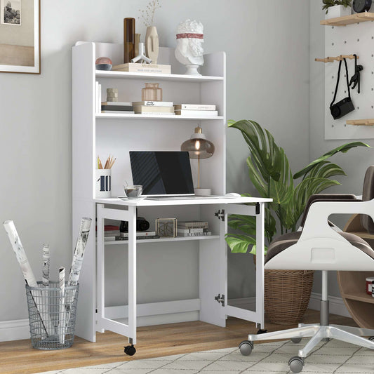 Foldable Desktop, Computer Desk with Storage Shelves, 80 x 69 x 155 cm, White