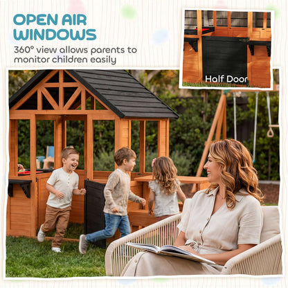 Wooden Kids Playhouse | Table & 2 Benches | Sink Basin | Flower Holders | Windows | Half-Door | 50kg | Ages 3-8 | Brown