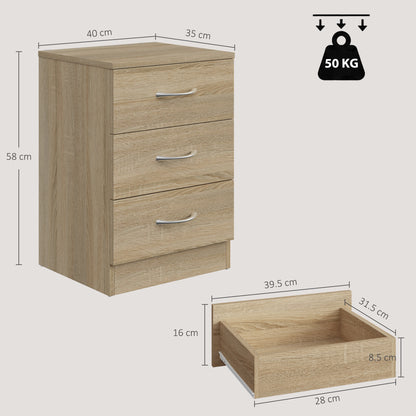 3-Drawer Bedside Table with Aluminium Handles & Wooden Glides | Oak Tone Melamine Finish | Non-Slip Pads | 40x35x58cm | 50kg Capacity | 10kg Per Drawer | Particleboard | Assembly Required