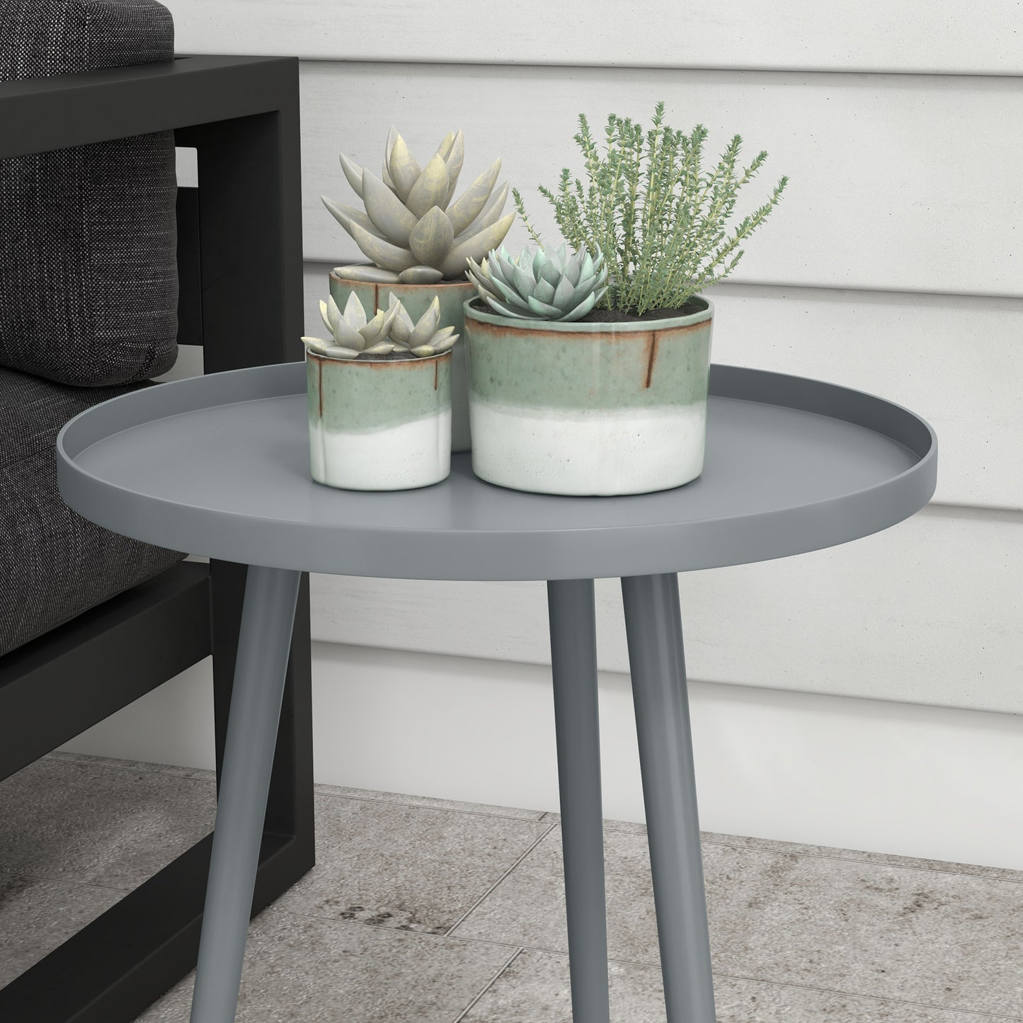 Outsunny Round Garden Coffee Table, Outdoor Side Table with Rounded Steel Edge, Ø40 x 50H cm, Grey