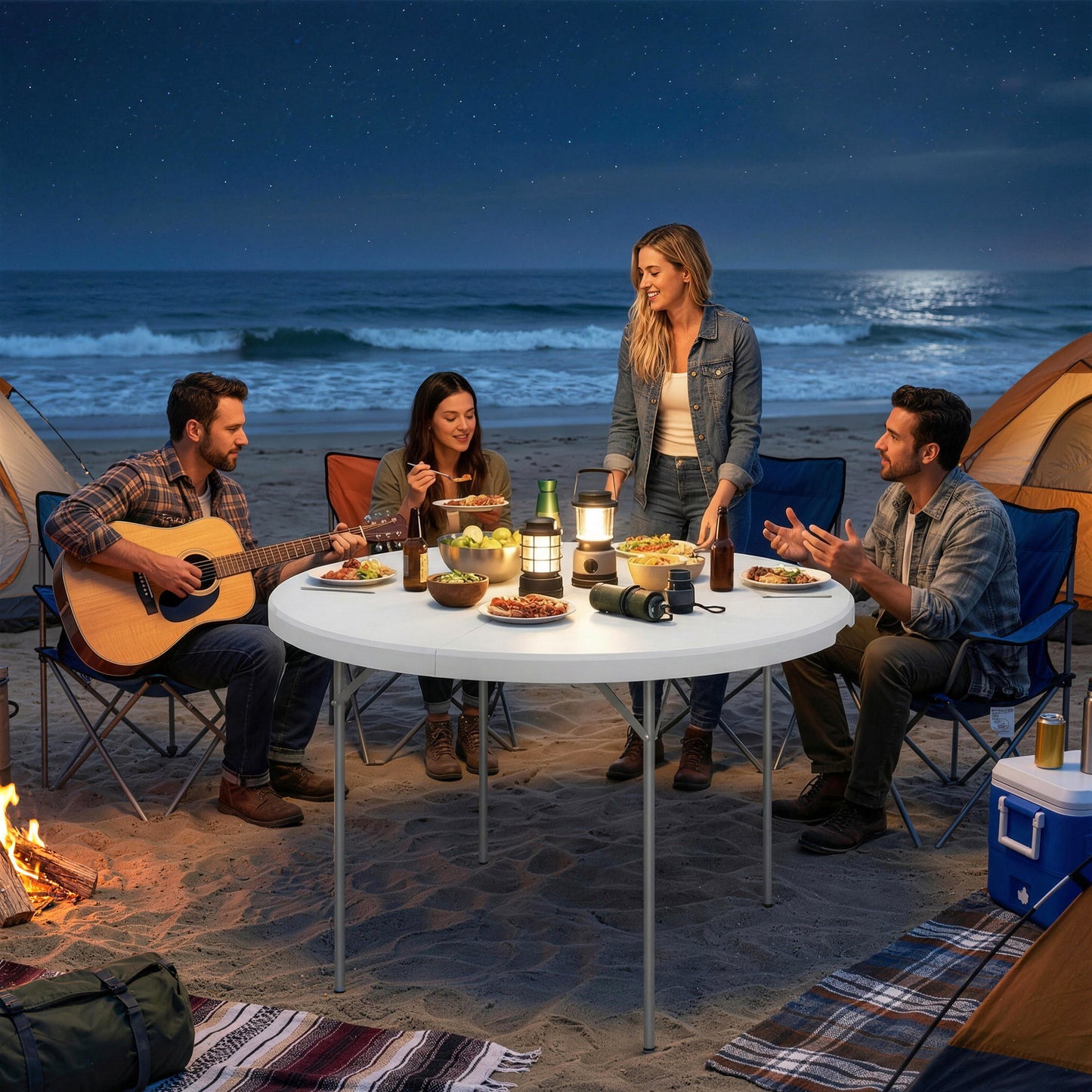 Folding Picnic Camping Table | 120x120cm | HDPE Top | Water Resistant | Powder Coated Frame | Anti-Slip Feet | 100kg | No Assembly | White