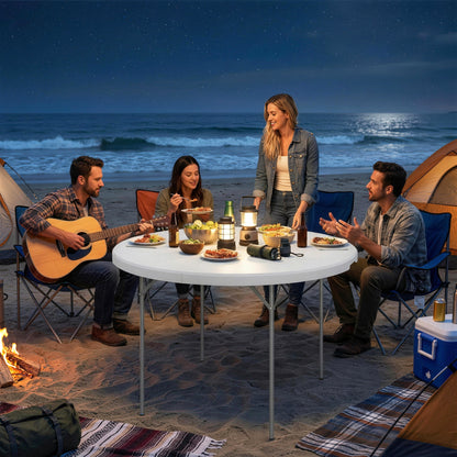 Folding Picnic Camping Table | 120x120cm | HDPE Top | Water Resistant | Powder Coated Frame | Anti-Slip Feet | 100kg | No Assembly | White