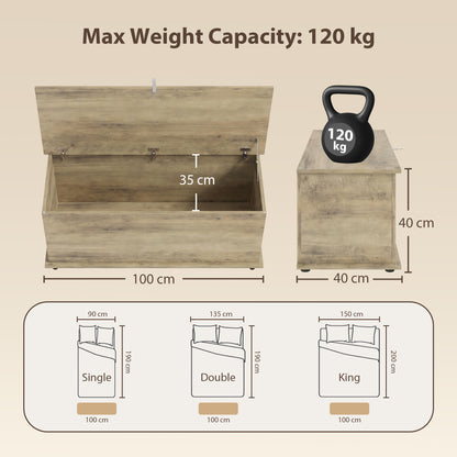 Large 114L Storage Chest Bench | 120kg Lid Capacity | Safety Lid | Grey Wood Effect | Bedroom, Hallway & Living Room | 100 x 40 x 40cm
