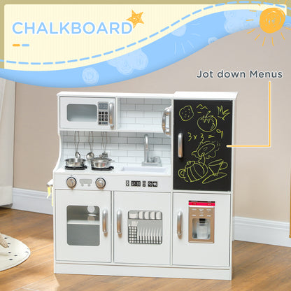 Pretend Play Kitchen, Kids Kitchen Playset, with Toy Phone, Chalkboard, Microwave, Cooking Stove, Sink, White