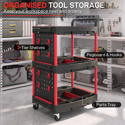 3-Tier Rolling Tool Cart | Mobile Workshop Trolley with Pegboard, 8 Hooks & 2 Brakes | 130 kg Capacity | Black & Red