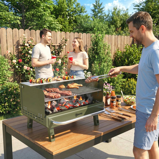 Portable Charcoal BBQ Grill | 3 Adjustable Grate Heights | 304 Stainless Steel | Foldable Legs | Side Shelf | No Assembly | 52x37x31.8cm | Green