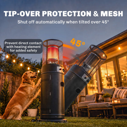 11kW Gas Patio Heater | 30m² Coverage | Propane & LPG | Pulse Ignition | Stepless Control | 45° Tilt Shutoff | Metal Mesh Guard | 2 Wheels | Pre-Drilled Stake Holes | 52x46x137cm | Black