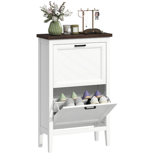 Farmhouse Narrow Shoe Cabinet | 2 Flip Drawers | 8-12 Pairs | White