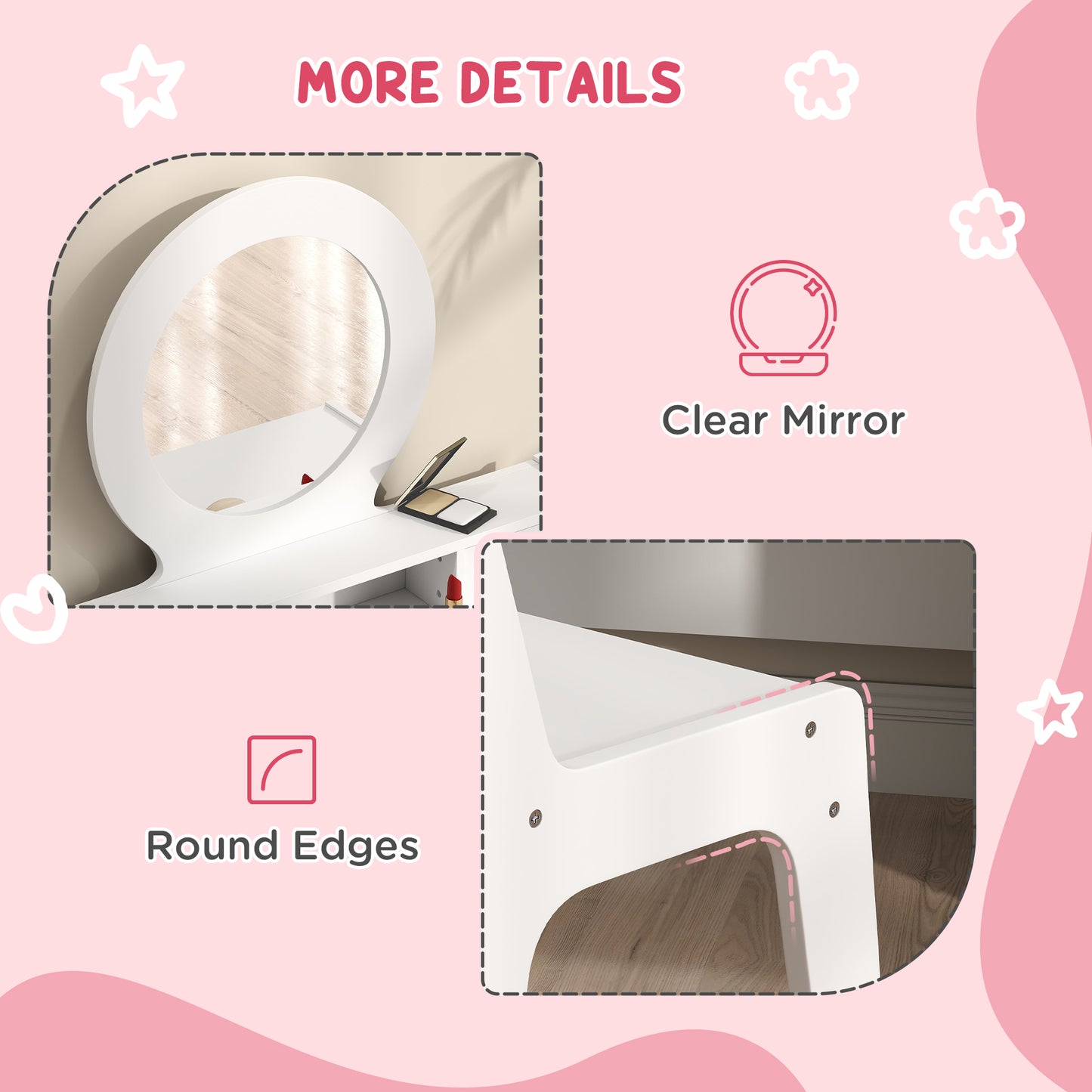 AIYAPLAY Kids Dressing Table Set Kids Make up Table with Stool and Mirror, Storage Drawers, Gift for Aged 3-8