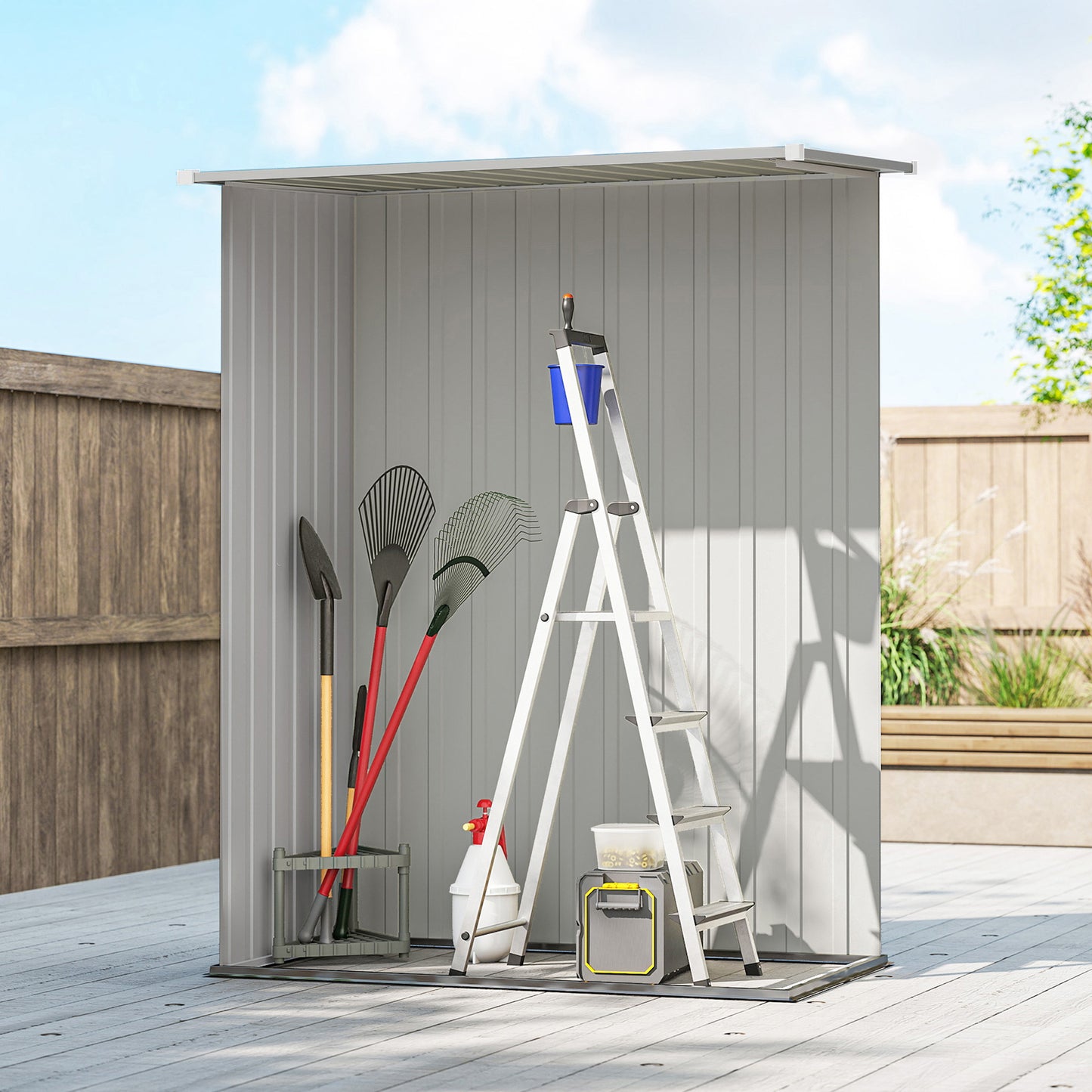 Corrugated Galvanised Steel Garden Storage Shed | Sloped Roof | Tall Latch Door | Pre-Drilled Panels | Weather-Resistant Coat | 142x86x189cm | 1.07m² | Tools & Bins | Aluminium Grey