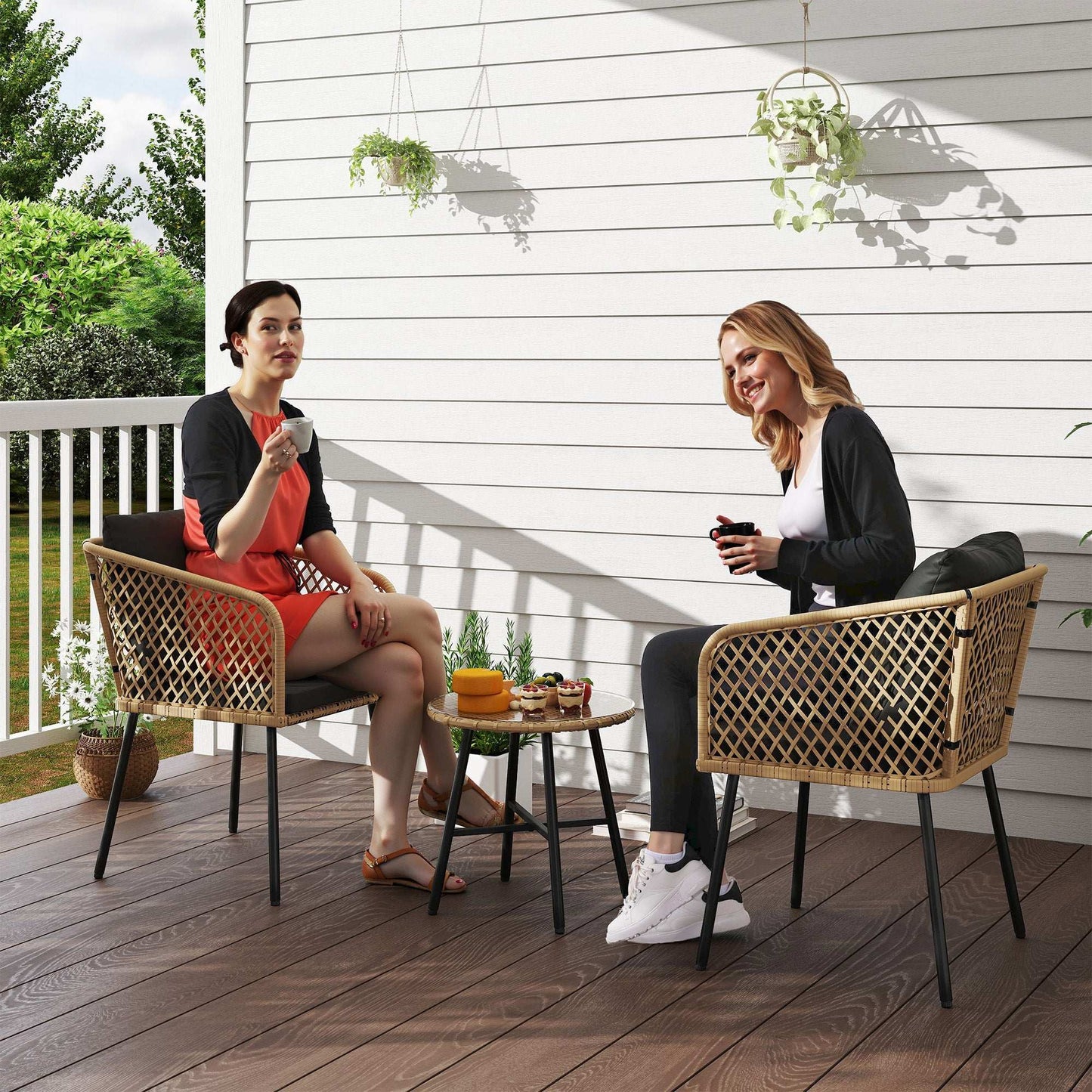 Outsunny 3 Piece Rattan Bistro Set with 2 Chairs, Tempered Glass Table, Cushions, Adjustable Foot Pads, Nature Wood Finish