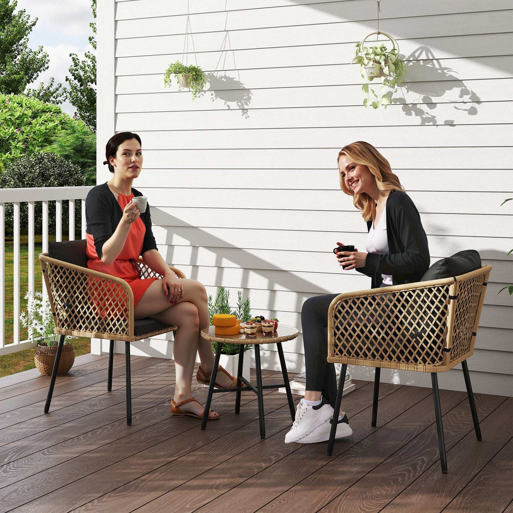 Outsunny 3 Piece Rattan Bistro Set with 2 Chairs, Tempered Glass Table, Cushions, Adjustable Foot Pads, Nature Wood Finish