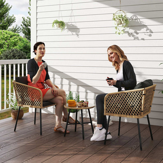 Outsunny 3 Piece Rattan Bistro Set with 2 Chairs, Tempered Glass Table, Cushions, Adjustable Foot Pads, Nature Wood Finish