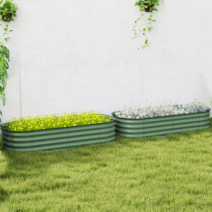 Outsunny Galvanised Raised Garden Bed, Metal Planter Box with Safety Edging, for Flowers, Herbs, Succulents, Pack of 2, Green