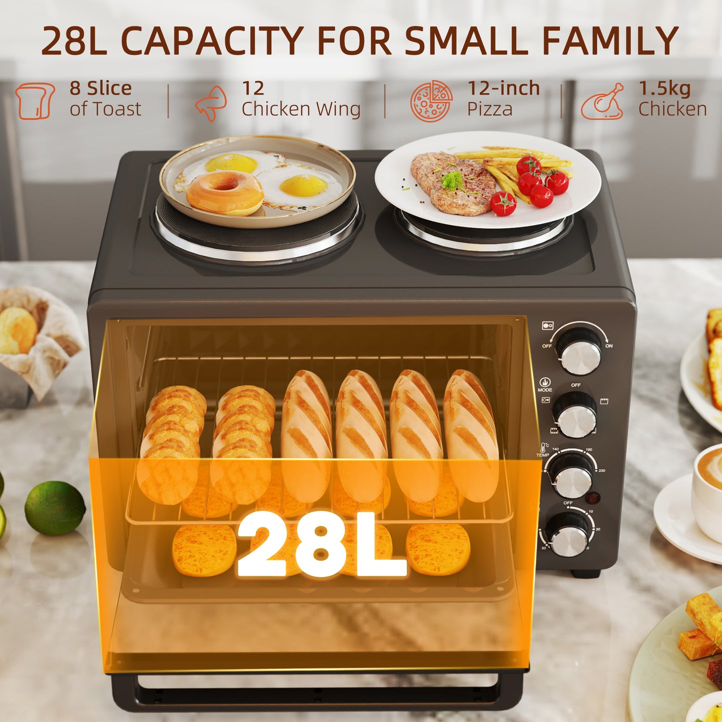 28L Countertop Toaster Mini Oven W/ 2 Hot Plates, Grill, Roast, Bake, Boil, with Timer, Adjustable Temperature, Electric Oven, Black