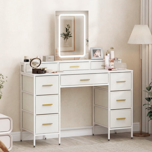 Dressing Table with LED Mirror | 10 Fabric Drawers | Gold Handles | 3 Light Modes | Anti-Tip | White