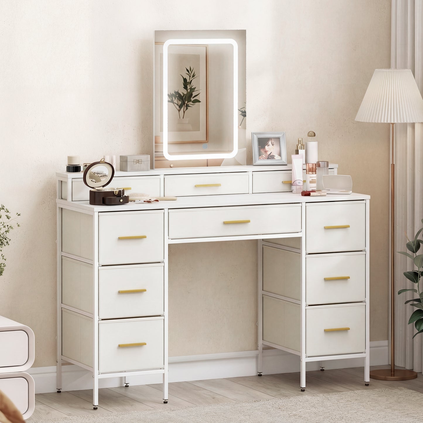 Dressing Table with LED Mirror | 10 Fabric Drawers | Gold Handles | 3 Light Modes | Anti-Tip | White